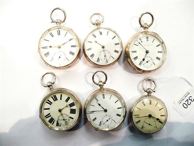 Lot 320 - Six silver open faced pocket watches, all cases stamped with Birmingham silver hallmarks