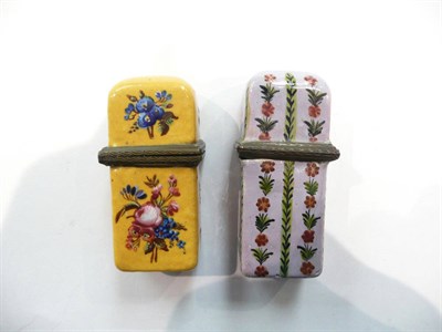 Lot 324 - Two 18th century hinged enamel scent bottle holders and one glass scent bottle (a.f.)