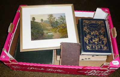 Lot 329 - Silver hip flask, small framed oil girl by a river bank, 1 volume William Morris, other books etc