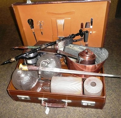 Lot 330 - Suitcase with plated fittings, bayonet, glass shades, oak cutlery box etc