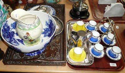 Lot 338 - A Doulton Burslem blue and white bowl, carved tray, George Jones coffee service, bachelors...