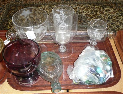 Lot 344 - A 19th century glass rummer, various glassware including marbles, a rolling pin, etc