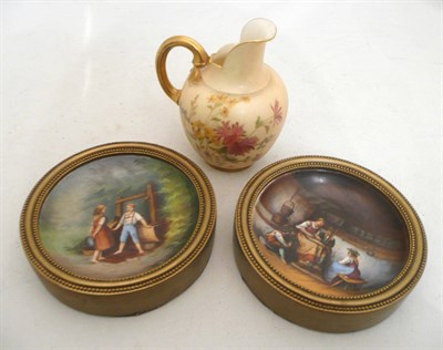 Lot 348 - A pair of Continental small plaques, framed and a small blush ivory Worcester jug (a.f.) (3)