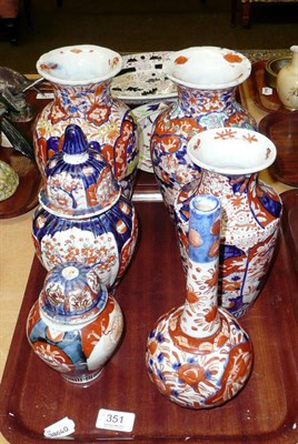 Lot 351 - A pair of Imari vases, another, an Imari jar and cover, another, a bottle vase, stone china...