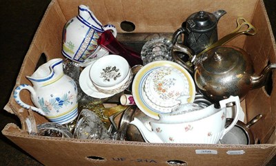 Lot 358 - Quimper style pottery, metalwares, glassware etc (one box)