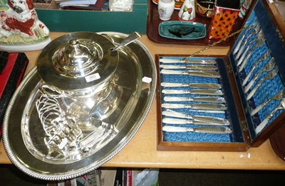 Lot 360 - Quantity of plated wares including meat dishes, tureen, two toast racks, six teaspoons, fish eaters