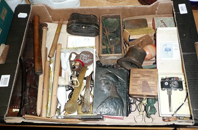 Lot 365 - A box of assorted collectables, opera glasses, pipes, candles, snuffers