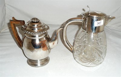 Lot 367 - Old Sheffield plate hot water pot with armorial and a cut class cordial jug with plated mounts