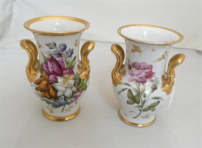 Lot 370 - A pair of 19th century two handled baluster vases, decorated with flowers