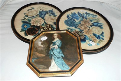 Lot 371 - Pair of oval framed velvet pictures printed with flowers and a hand coloured portrait of a lady...