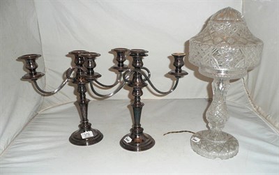 Lot 372 - A cut glass mushroom lamp and shade and a pair of plated candelabra (3)