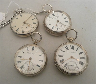 Lot 391 - Four silver open faced pocket watches, silver watch chain with attached medal