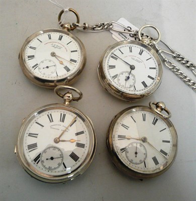 Lot 395 - Four silver open faced pocket watches, all cases with Chester silver hallmarks, two silver...