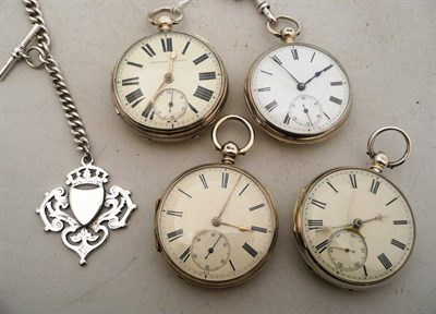 Lot 414 - Four silver open faced pocket watches and silver watch chain with attached silver medal