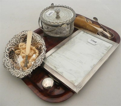 Lot 415 - A silver mounted picture frame, silver pierced dish, silver teaspoons etc