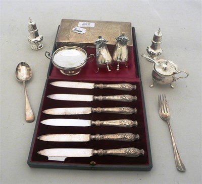 Lot 422 - Cased silver handle tea knives, silver condiment, silver mounted cigarette case box etc