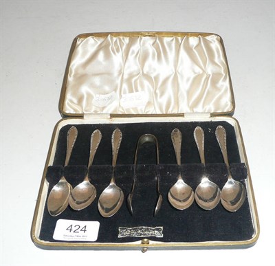 Lot 424 - Six silver teaspoons and tongs