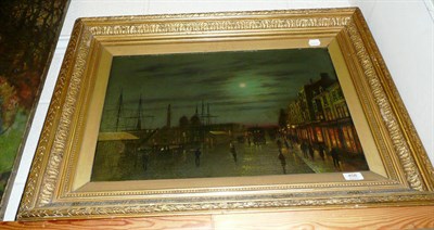 Lot 458 - Wilfred Jenkins after Atkinson Grimshaw, Moonlight dockland scene with figures