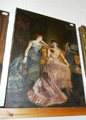 Lot 462 - Unframed oil on canvas, three fashionable ladies in an ornate interior, indistinctly signed