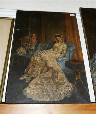 Lot 463 - Unframed oil painting of a lady seated on a blue sofa, indistinctly signed