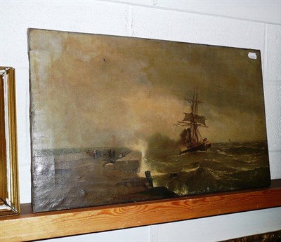 Lot 468 - A P W, 1894, Seascape with shipping near a harbour, unframed oil on canvas