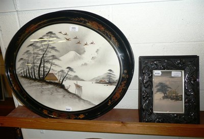 Lot 485 - Pair of oval Japaned framed watercolours depicting Oriental river scape and a smaller pair of...