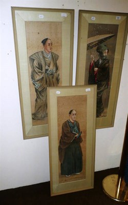 Lot 492 - Three framed Chinese portraits, watercolour on silk