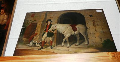 Lot 494 - English School, 19th century, gentleman with horse and dogs beside an archway