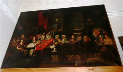 Lot 495 - Unframed oil painting, figures feasting around a table in a castle