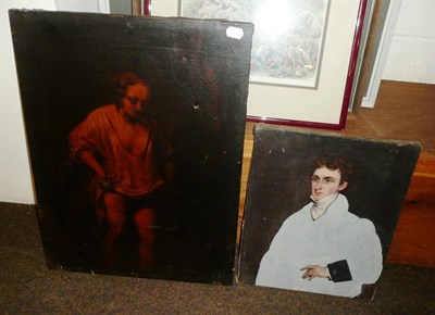 Lot 496 - Copy after Rembrandt of a girl bathing, and a portrait of a gentleman (partially over painted) (2)