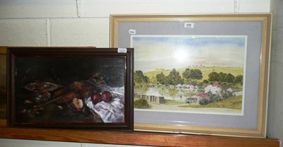 Lot 498 - Framed oil on board still life of violin and fruit signed Shipley and a watercolour river scene...