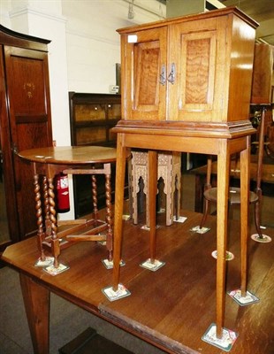 Lot 538 - Oak smokers cabinet on stand and small oak drop leaf table