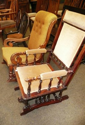 Lot 591 - Two stick back Windsor chairs, an Arts & Crafts oak armchair and two rocking chairs