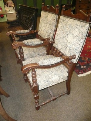 Lot 595 - Oak framed upholstered open arm chairs