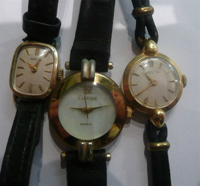 Lot 7 - A lady's 18ct gold-cased wristwatch by 'Recta' with leather strap and two other lady's wristwatches