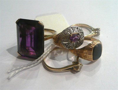 Lot 27 - A 9ct gold amethyst and diamond cluster ring, a 9ct gold diamond solitaire ring, two 9 ct gold...