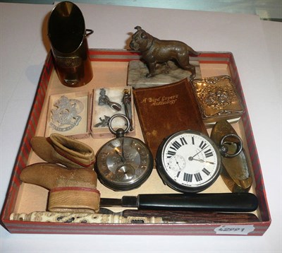 Lot 31 - A cold painted spelter bulldog on plinth, two silver pocket watches, a Stanhope viewer, two fleams
