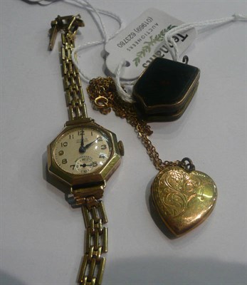 Lot 41 - A bloodstone shield shaped locket, a heart shaped locket on chain and a 9ct gold lady's...