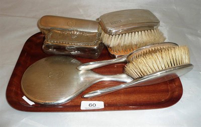 Lot 60 - Six piece silver dressing table set and a silver-topped jar