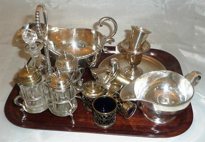 Lot 63 - A silver sauce boat, a plated cruet stand, a quantity of plated flatware, other plated items, etc