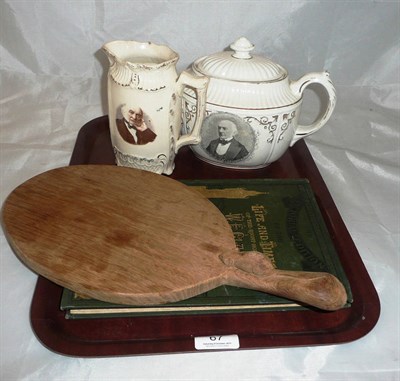 Lot 67 - A 'Mouseman' cheese board, a Victorian teapot and jug decorated with a transfer of Gladstone...