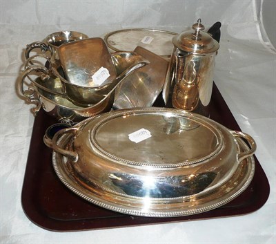Lot 69 - Two plated entree dishes and covers, two silver cigarette cases, silver salt with blue glass liner