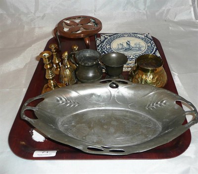 Lot 71 - Three Minton blue and white pottery tiles, pewter two-handled dish 'Osiris', brassware...