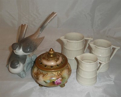 Lot 83 - Lladro figure of birds, Worcester pot pourri vase and cover and three Worcester jugs