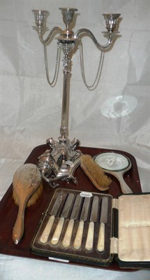 Lot 84 - An Elkington & Co three branch candelabrum, a cased set of fruit knives and three silver-backed...