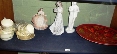 Lot 120 - A shelf including a Lladro figure, Royal Worcester figures, part 'Grafton' tea set, Poole...