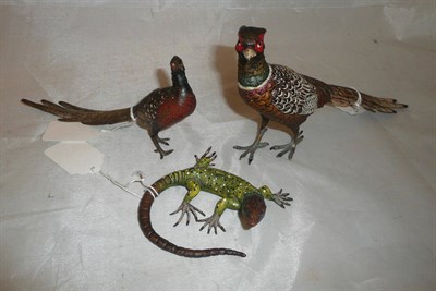 Lot 132 - Gold painted bronze Austrian lizard and two pheasants (3)