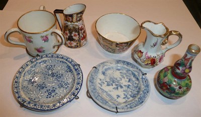 Lot 160 - A Royal Crown Derby miniature wash jug and bowl and a tyg, two 19th century miniature plates, a jug