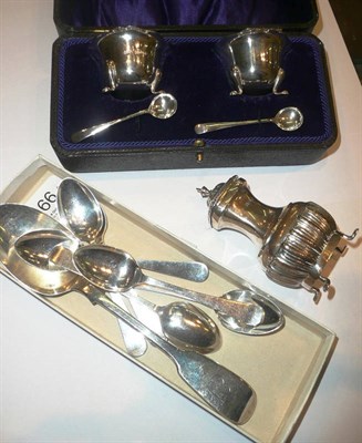 Lot 166 - Two cased silver salts, pepperette and seven silver spoons