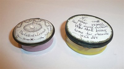 Lot 170 - A 19th century enamelled patch box inscribed "The gift of a friend", and another inscribed "He will